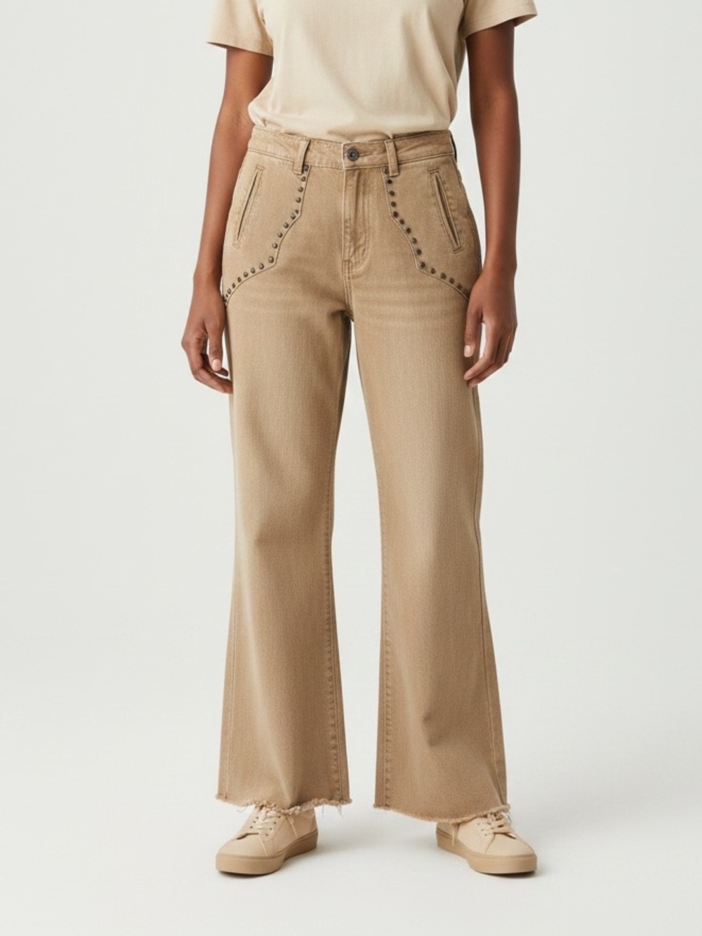 Blue B. Collection Studded Wide Leg Pants Tan Raw Hem Boho Western Size Large